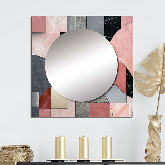 Designart "Transcendent Angles in Pink II" Abstract Shapes Square Mirror For Wall Decor - Large Pink Square Mirror Printed Wall Decor - Transitional Square Living Room Mirror