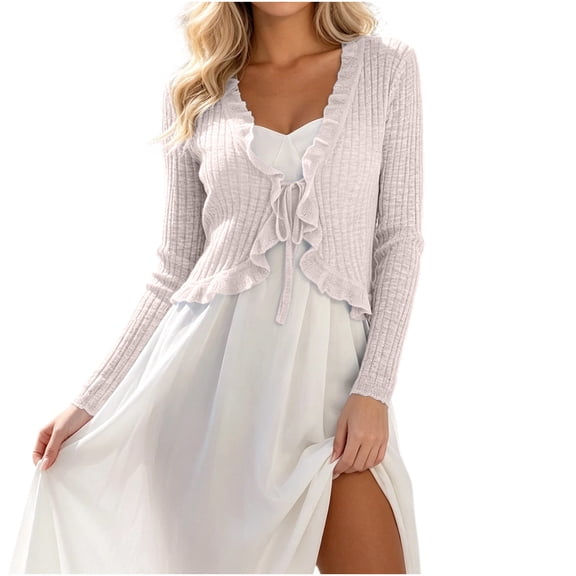Posijego Women's Cropped Cardigans Ruffle Trim Long Sleeve Knit Cardigans Thin Knot Front Mesh Cardigans for Women