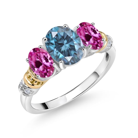 Gem Stone King 925 Sterling Silver and 10K Yellow Gold Oval Persian Blue Moissanite Pink Created Sapphire and White Diamond 3 Stone Ring for Women (2.41 Cttw, Gemstone Birthstone, Size 5)