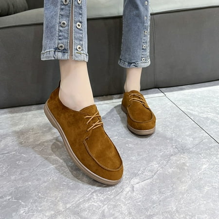 

ERTUTUYI Suede Flat Front Lace Up Casual Flock Single Shoes Causal Shoes Brown 40