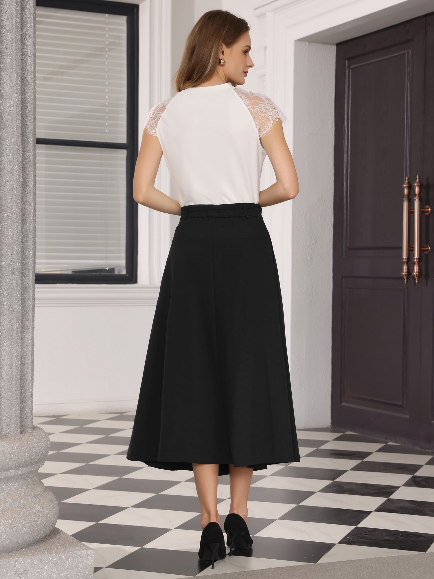 DARING DIVA Women's A Line Elastic High Waist Maxi Skirts L Black