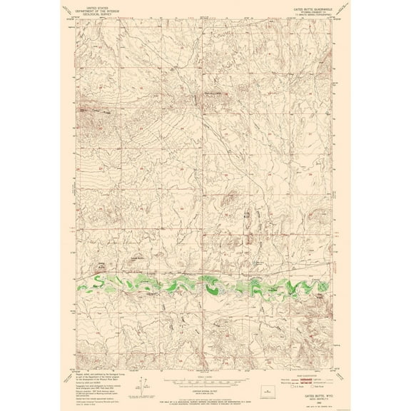 Topographical Map - Gates Butte Wyoming Quad - USGS 1952 - 23 x 32.54 - Vintage Wall Art