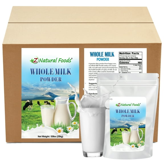 Z Natural Foods Powdered Whole Milk, Nutritious Milk Powder With the Longest Shelf Life, No Refrigeration Required, Perfect For Cooking, Baking, Tea, and Coffee, Gluten-Free, Non-GMO, 55 lb.