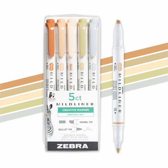 Zebra Pen Mildliner Double Ended Highlighter, Broad and Fine Point Tips, Assorted Neutral Vintage Ink Colors, 5-Pack, (78605)