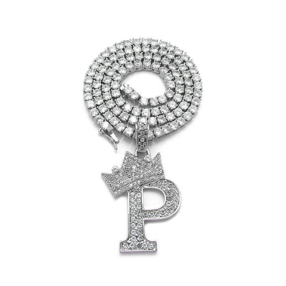 iJewelry2 Kings and Queens Crowned Initial Letter P Pendant Silver-tone CZ Tennis Chain Necklace 18''