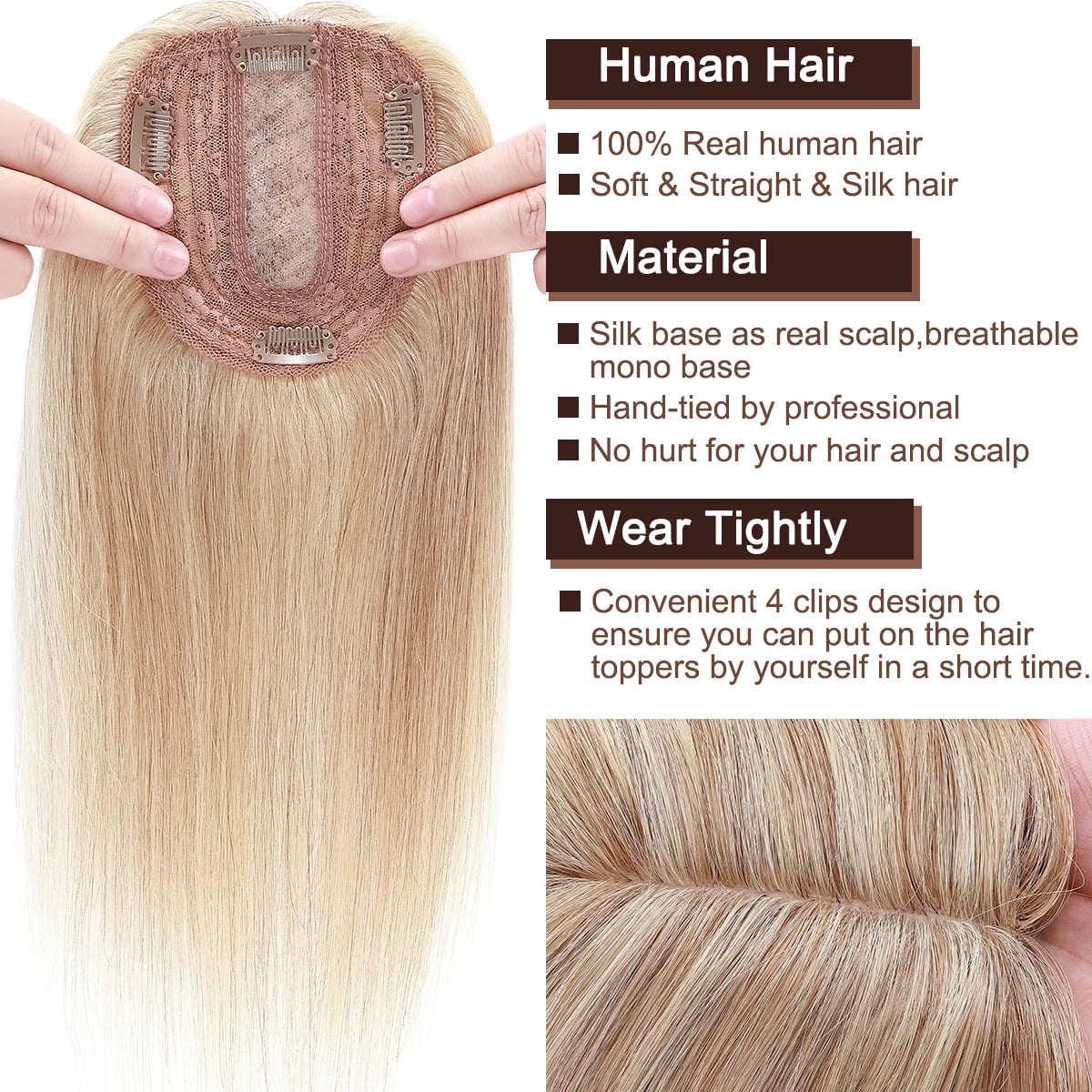 SEGO Clip in Hair Extensions Human Hair Toppers 100% Real Human Hair Topper for Thinning/Loss Hair Natural Black Hair Pieces