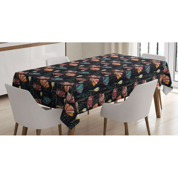 Tulips Tablecloth, Colorful Tulips Dashed Lines Background in Dark Shades Hand Drawn Fantasy Bouquet, Rectangle Satin Table Cover for Dining Room and Kitchen, 60" X 90", Multicolor, by Ambesonne