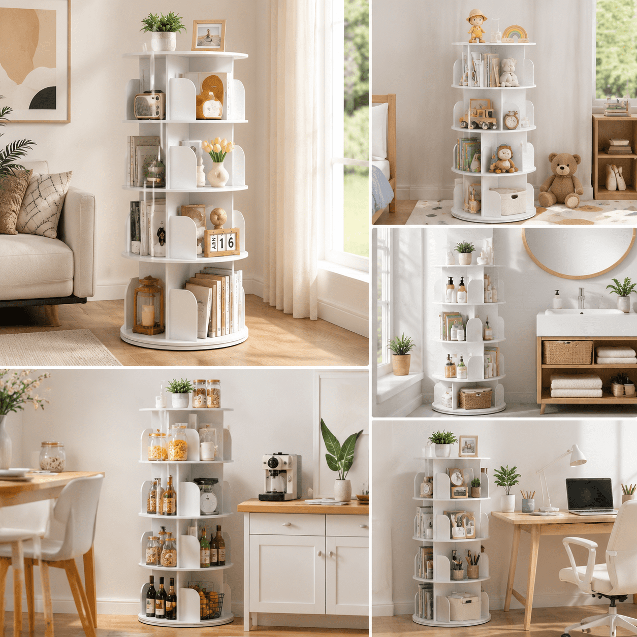 CONCETTA 4-Tier Rotating Bookshelf, 360° Spinning Bookcase with Safety Guard, Space-Saving PVC Storage for Bedroom, White