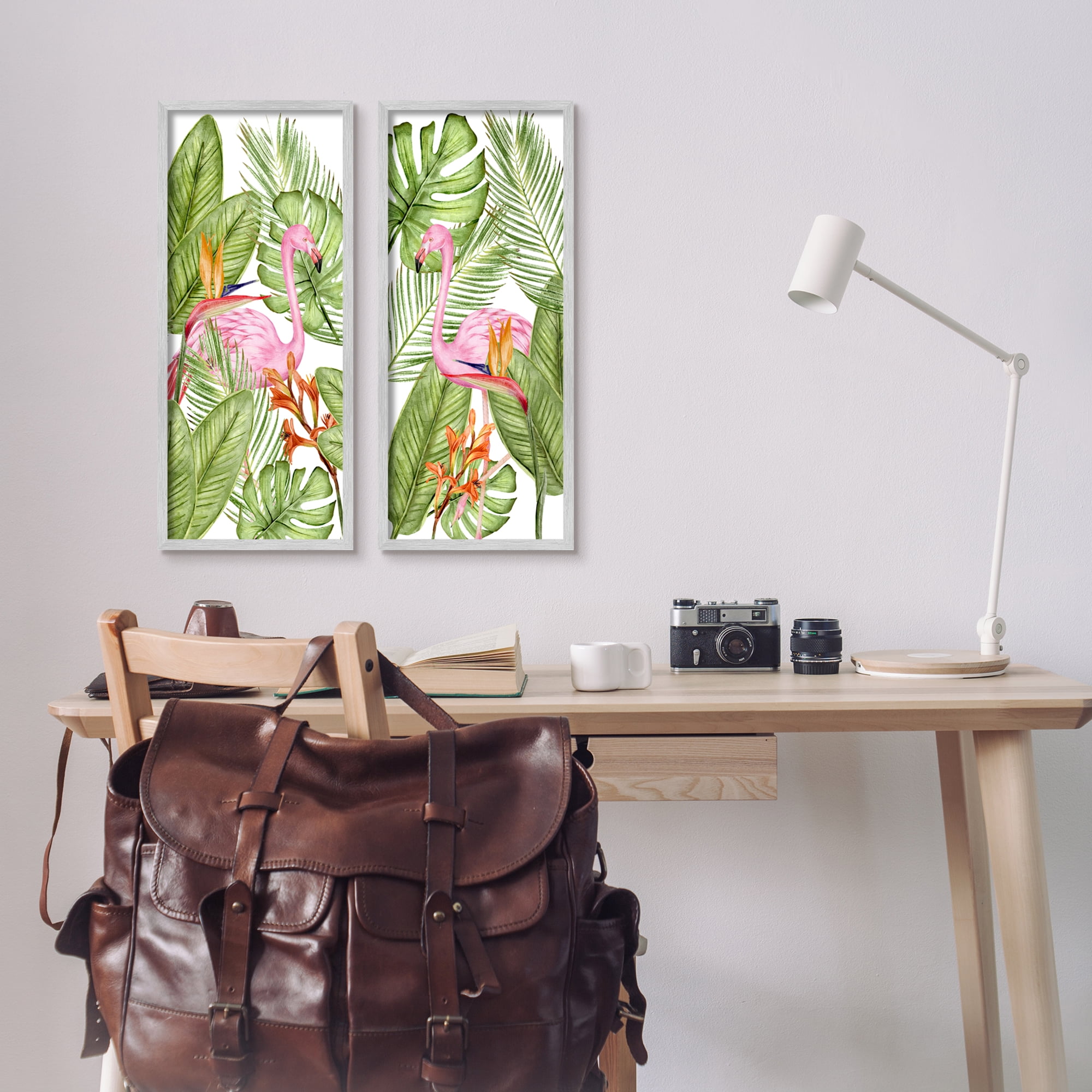Stupell Industries Flamingos & Topical Plants Botanical & Floral Painting Gray Framed Art Print Wall Art, 10 x 24, Set of 2