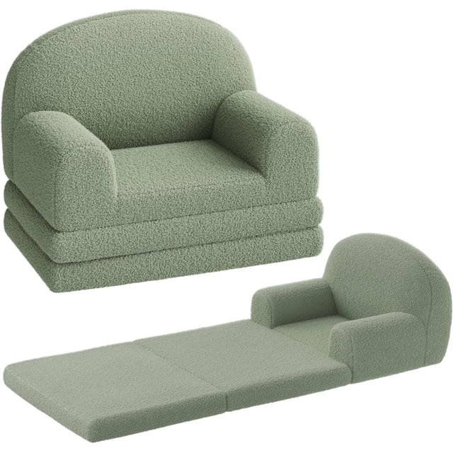 Qinaqin Verde cm de Alturaalf Moon Mediano Sofá 2-in-1 Comfy Toddler Fold Out Convertible to Lounger Foam Chair Suave Sherpa Gift para Girls y Boys