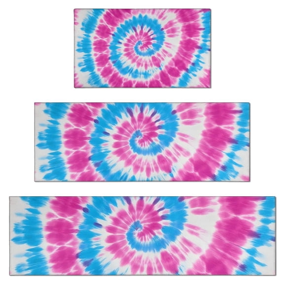Pink Blue Tie Dye Spiral Kitchen Rugs Sets Of 3,Kitchen Runner Rugs Non Skid Washable,Decorative Kitchen Floor Mats for Kitchen,Sink,Laundry,17"x30" 17"x47" 17"x59"
