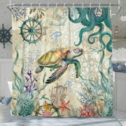Pbobriich Coastal Sea Turtle Octopus Polyester Shower Curtain for Bathroom , 64 x 47in,Waterproof
