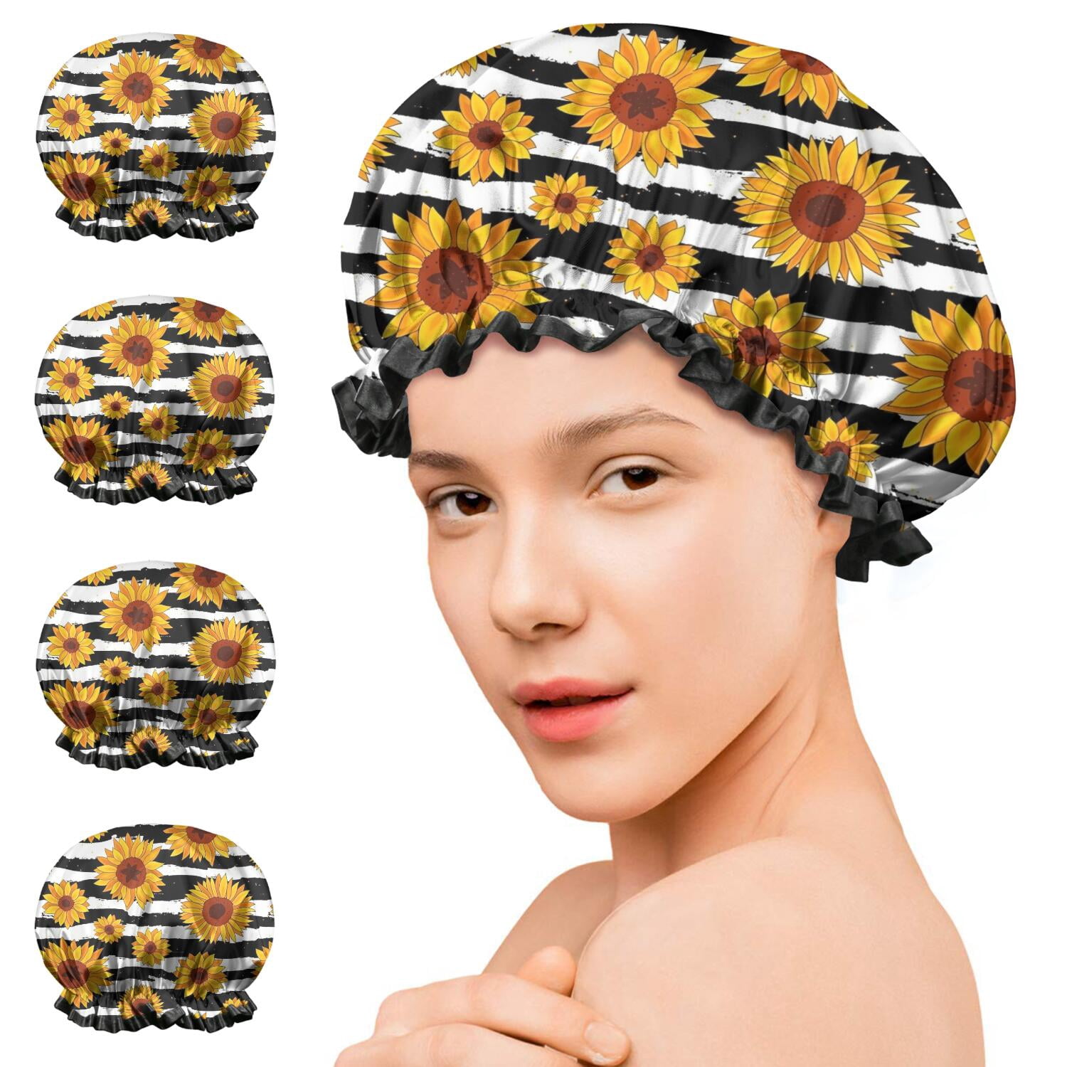 Shower Caps,Black White Striped Sunflower Pattern Waterproof Shower Cap for Women 4 Pieces,Double Reusable Hair Cover for Shower PEVA Elastic Stretch Hem