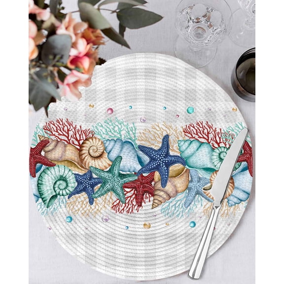 13 Inch Round Placemats Set of 4, Summer Starfish Non Slip Heat Insulation PP Table Mats, Blue Coral Beach Couch Coastal Grey Plaid Washable Place Mats for Kitchen Dining Party Table Decor