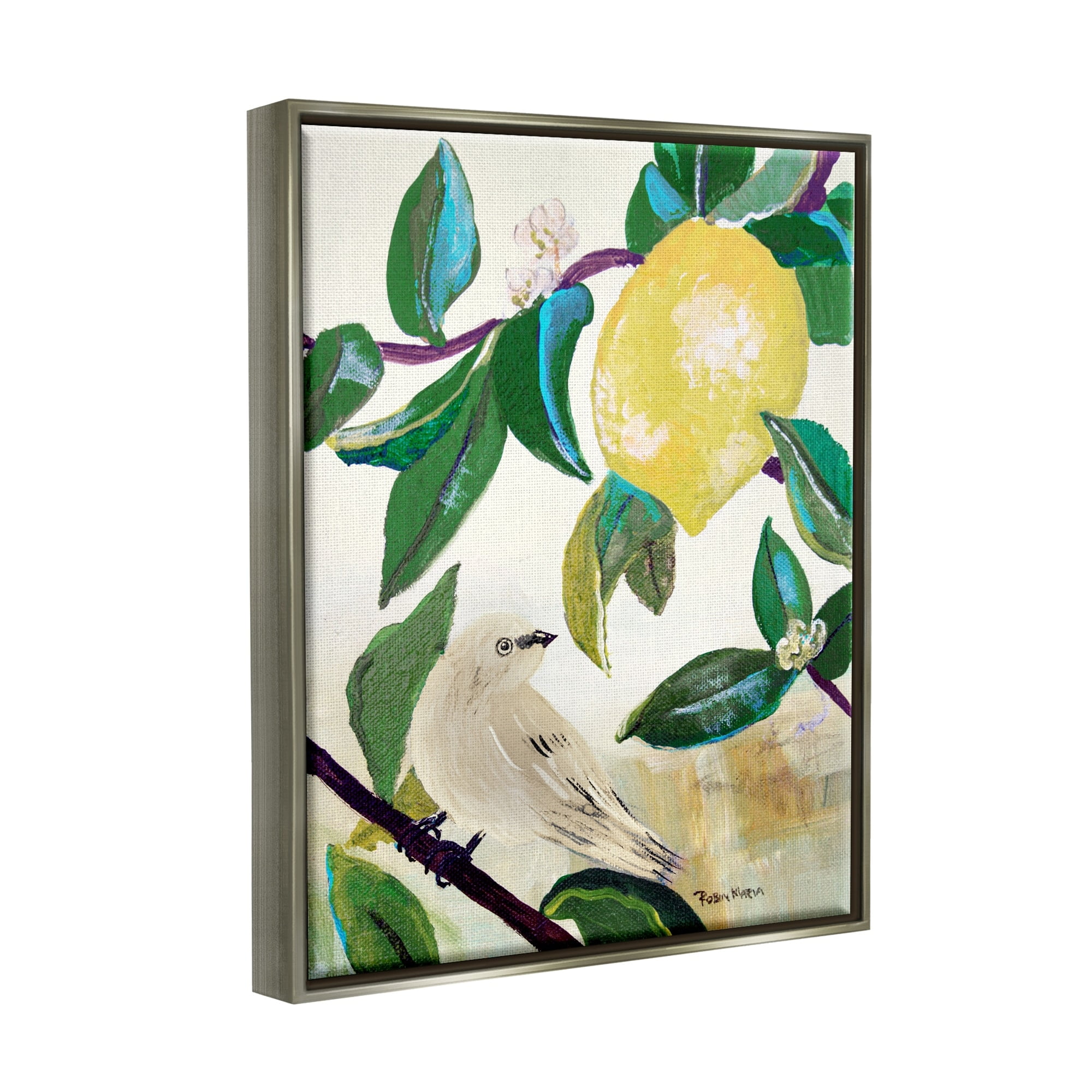 Stupell Industries Vivid Yellow Lemon Citrus Fruit Bird Perched Painting Luster Gray Floating Framed Canvas Print Wall Art, Design by Robin Maria