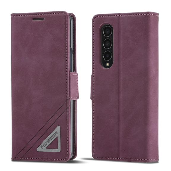 K-Lion Samsung Galaxy Z Fold 3 5G Case,Luxury Durable PU Leather Hybrid PC Case Flip Card Holder Kickstand Cover with Magnetic Closure for Galaxy Z Fold 3,Winered