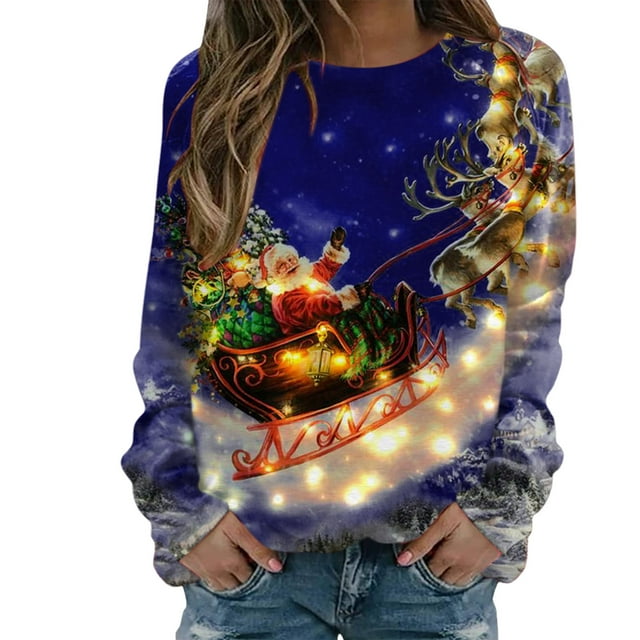 Chandail en Molleton de Noël pour Femmes Col Rond Pull Chaud Manches Longues Cardigan de Vacances Imprimé Mode Pull Mi-Long