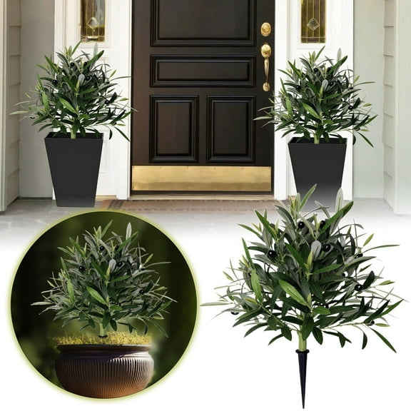 Outdoor Artificial Topiary Ball Trees 21.65" UV Protected Olive & Cedar with Spike, Lifelike Evergreen Bushes for Porch, Yard & Landscaping - All Weather Decor