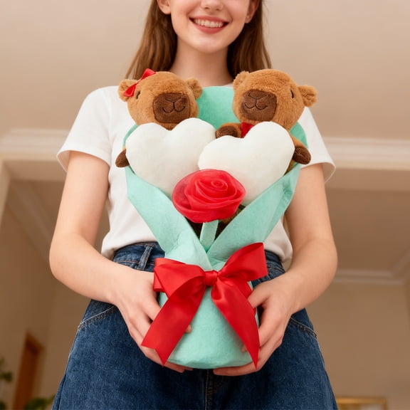 LEWEEN Capybara Bouquet Plush Gift Set: 11.8 Inch Valentine's Day Medium Capybara Plush Toy with Heart Accents, Pink Satin Bow, Soft Cuddly Design for Home Decor and Presents
