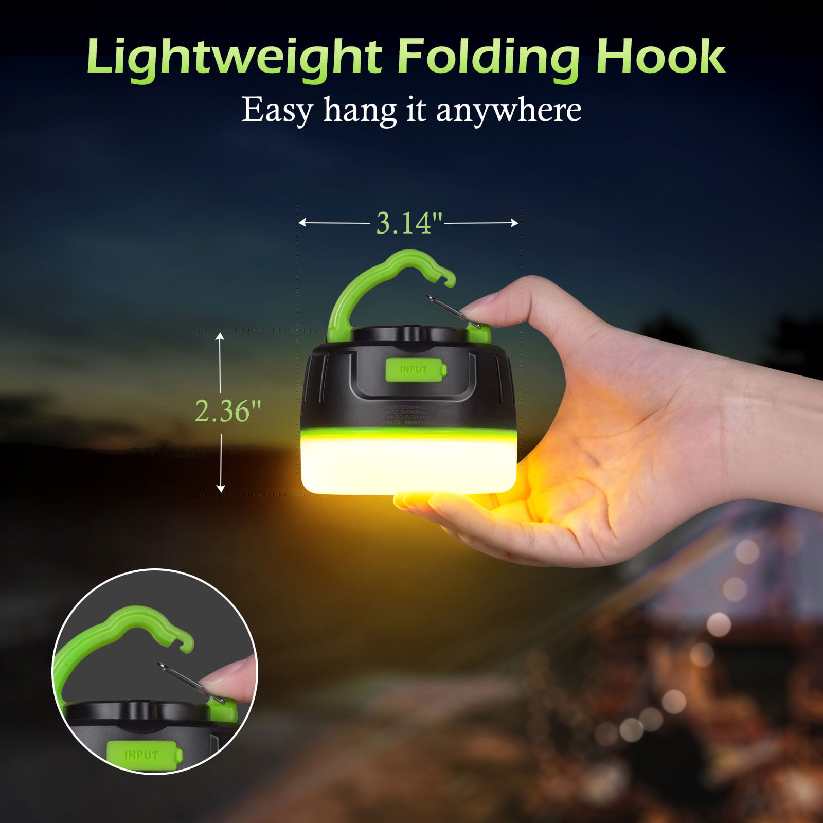 Wireless Battery Powered LED Camping Light, 5 Modes - 1Pack - Green
