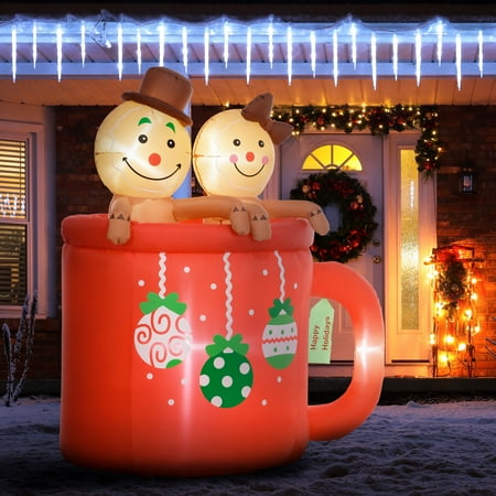 Outsunny 6Ft Christmas Inflatable Couple Gingerbread Man In Hot Cocoa Mug, Blow Up Christmas Decoration With Led Lights For Indoor, Outdoor, Yard