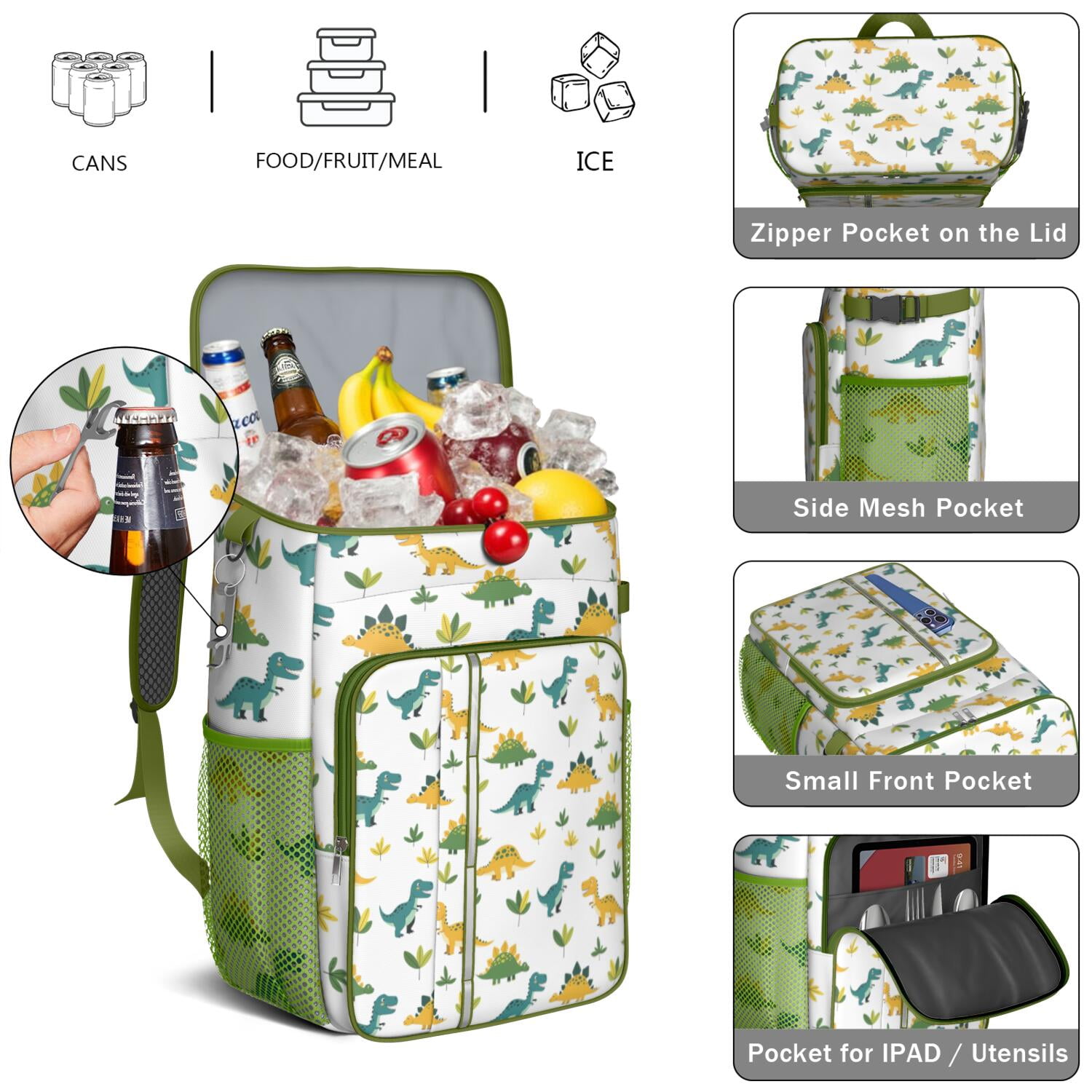 Travel Cooler Bag - White Dinosaurs Leaves Pattern Camping Beer Cooler Backpack with Bottle Opener- Waterproof Insulated Picnic Backpacks - Cooler Bag for Beach