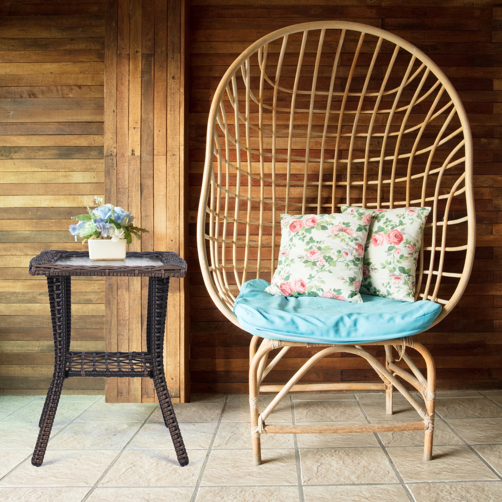 Wicker Side Table with Glass Table Top, Square PE Rattan Outdoor End Table for Patio, Garden, Poolside, Deck w/UV-Resistant Frame, Storage Space, Brown