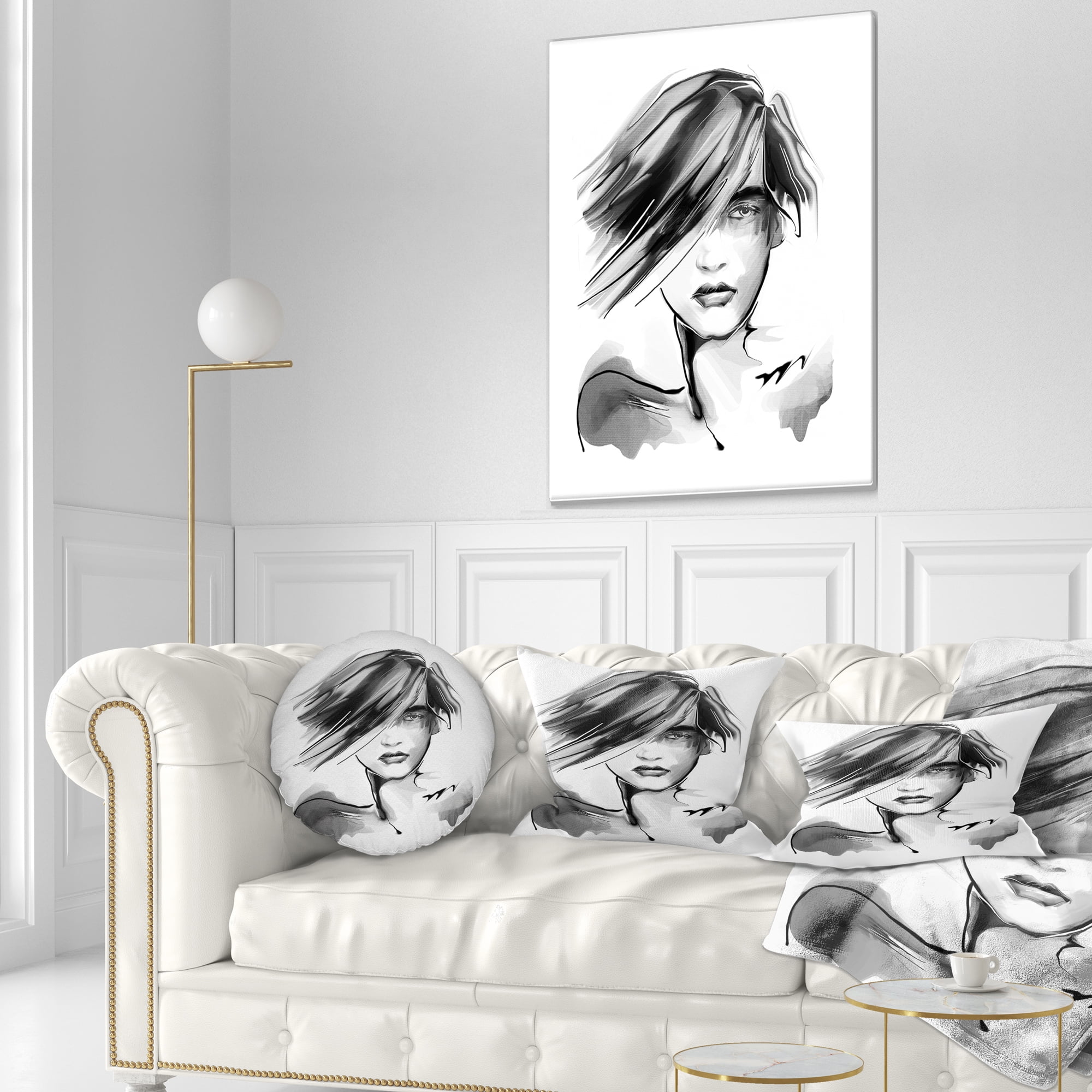 Designart Young Woman Black White - Abstract Portrait Throw Pillow - 12x20