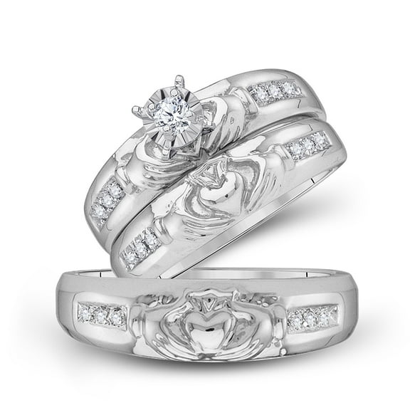 10kt White Gold His & Hers Round Diamond Claddagh Matching Bridal Wedding Ring Band Set 1/8 Cttw