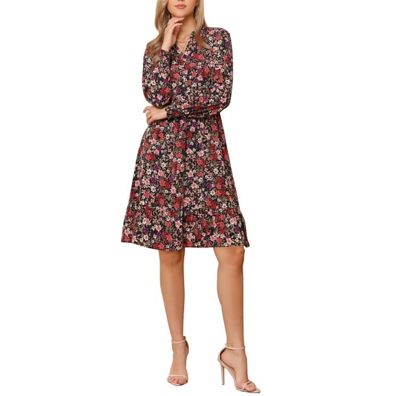 INSPIRE CHIC Long Sleeve Dress for Women's V Neck Floral Smocked High Waist Ruffle A Line Knee Length Dresses S Red Black