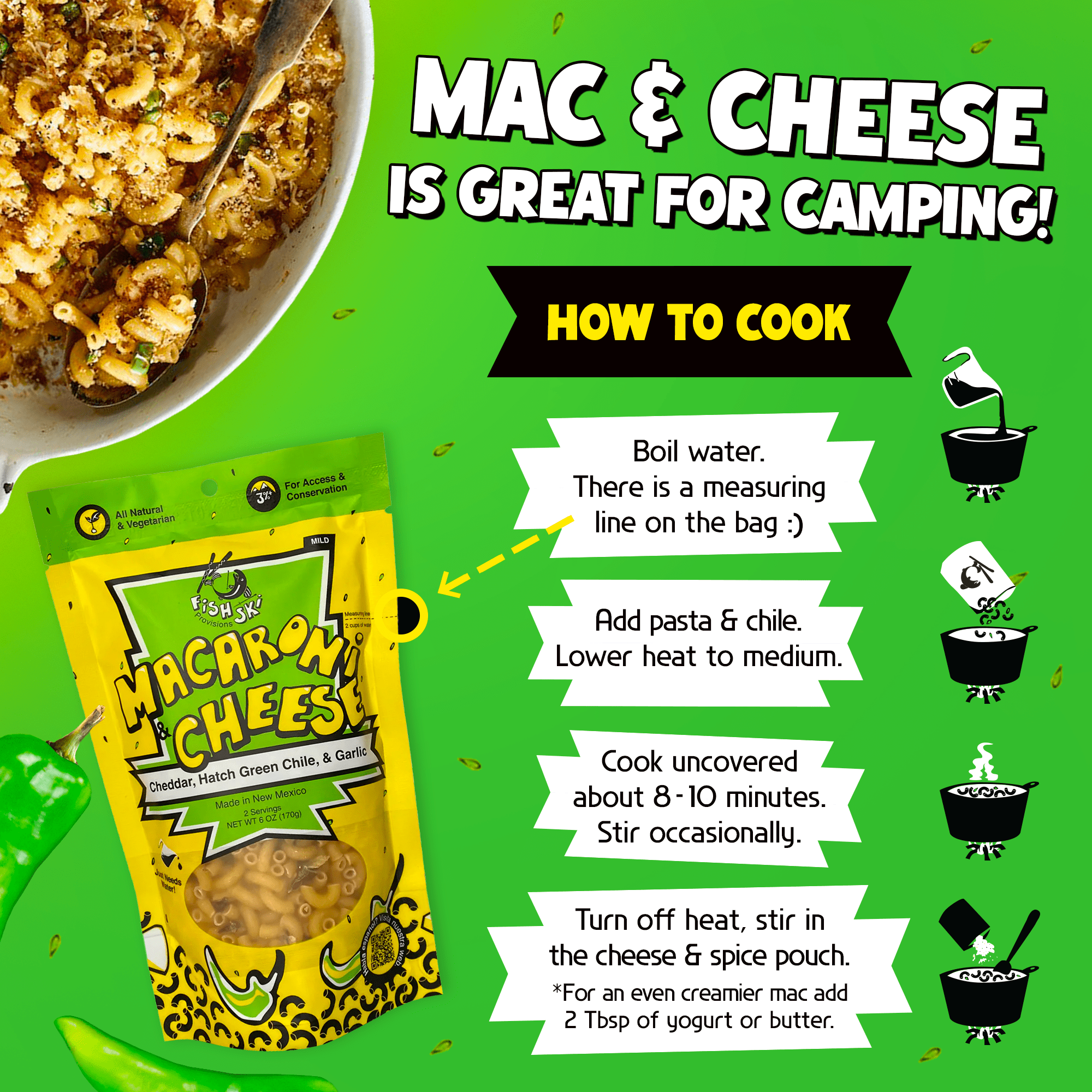FishSki Provisions Macaroni and Cheese with Hatch Green Chile, Garlic Cheddar Cheese, 6 Pack