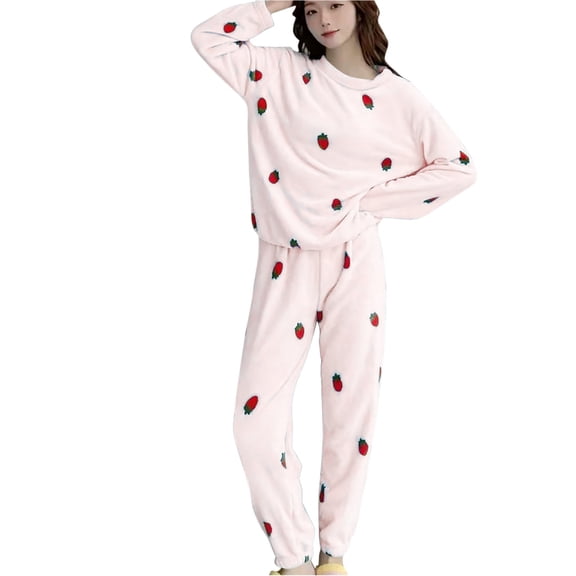SCSAlgin Winter Flannel Pajama Sets for Women Cute Printed Long Sleeve Nightwear Top and Pant Loungewear Soft Sleepwears