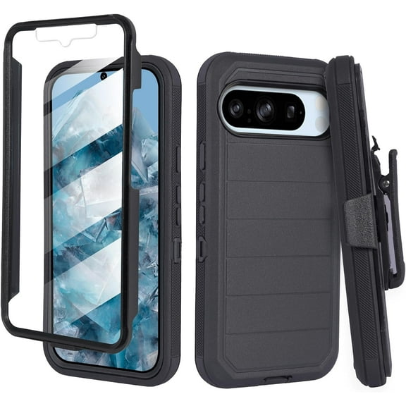 Compatible for Google Pixel 9 Pro Built in Screen Protection Shockproof Dual Layer Rugged Protective Case Belt Clip with Holster & Kickstand (Black)