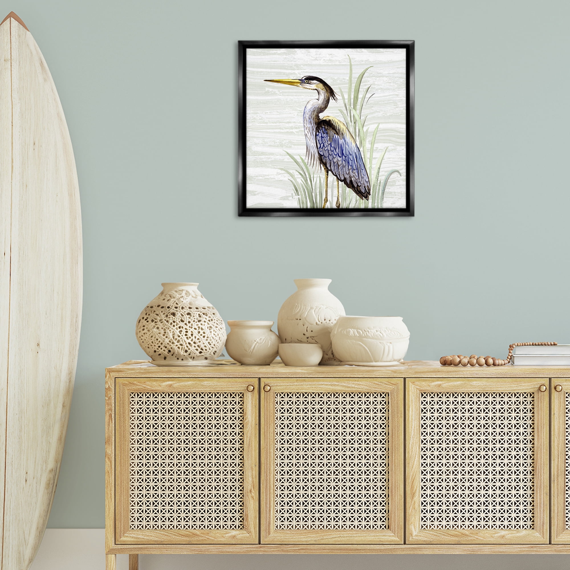 Stupell Industries Beach Bird Simple Heron Animals Painting Black Floater Framed Canvas Art Print Wall Art, 25 x 25