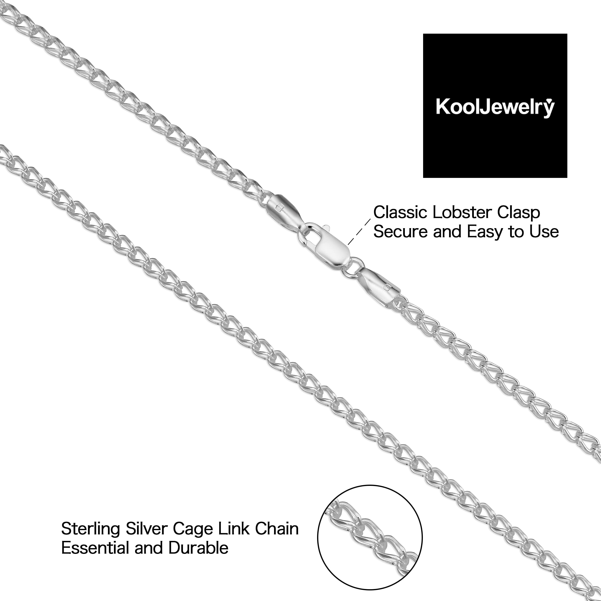 KoolJewelry Sterling Silver Cage Link Anklet (2 mm, 10 inch)