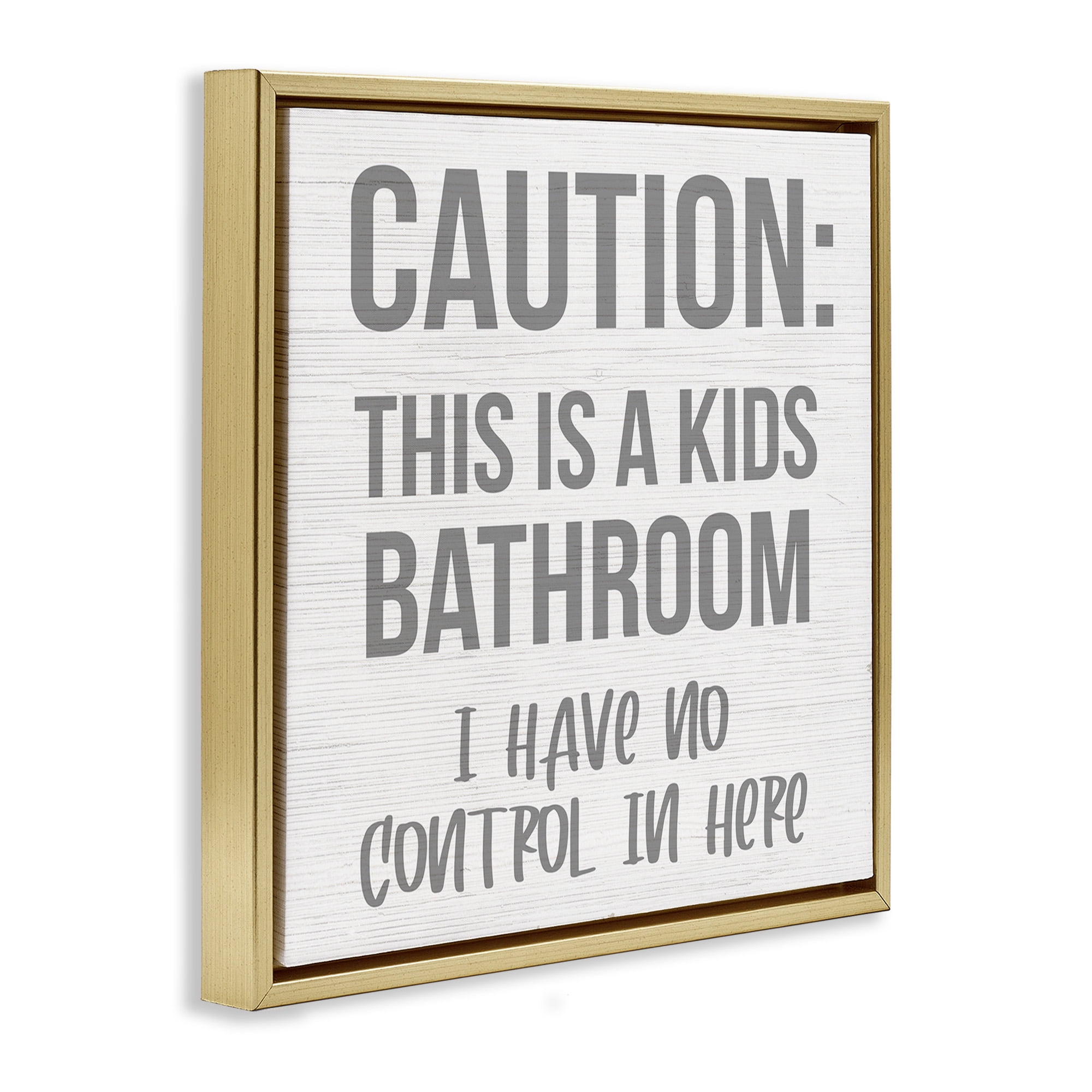 Stupell Industries Funny Caution Kid's Bathroom Typography Painting Gold Floater Framed Canvas Art Print Wall Art, 18 x 18