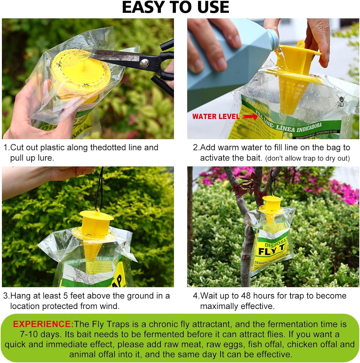 8 Pack Outdoor Hanging Fly Traps, Disposable Flies Killer Trap Bag Catcher with Natural Attractant Bait Bug Catcher and Flying Insect Trap for Outdoor Family Farm Park Orchard Garden