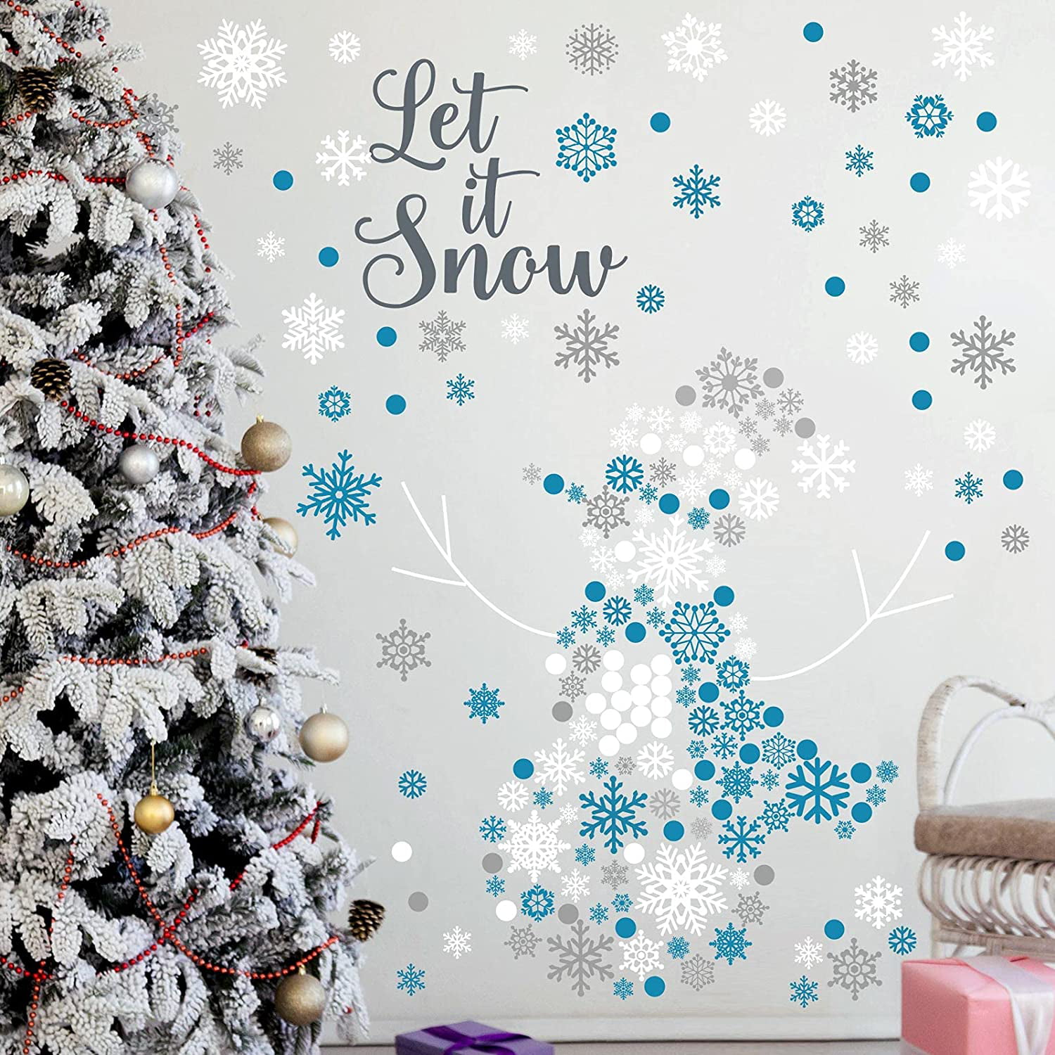 3 Colors 15 Sheets Christmas Wall Decals Snowflakes Wall Decal Silver and Blue Frozen Theme Christmas Snowflake Wall Stickers Let It Snow Winter Wall Decals Christmas Home Decoration for Party 