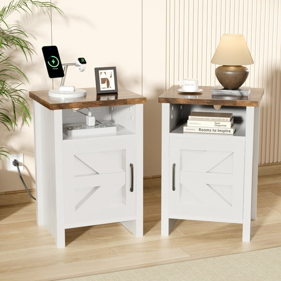 Homall Farmhouse Nightstand Set of 2 with Shelf and Barn Door Wood Modern Beside Tables for Bedroom Living Room, White