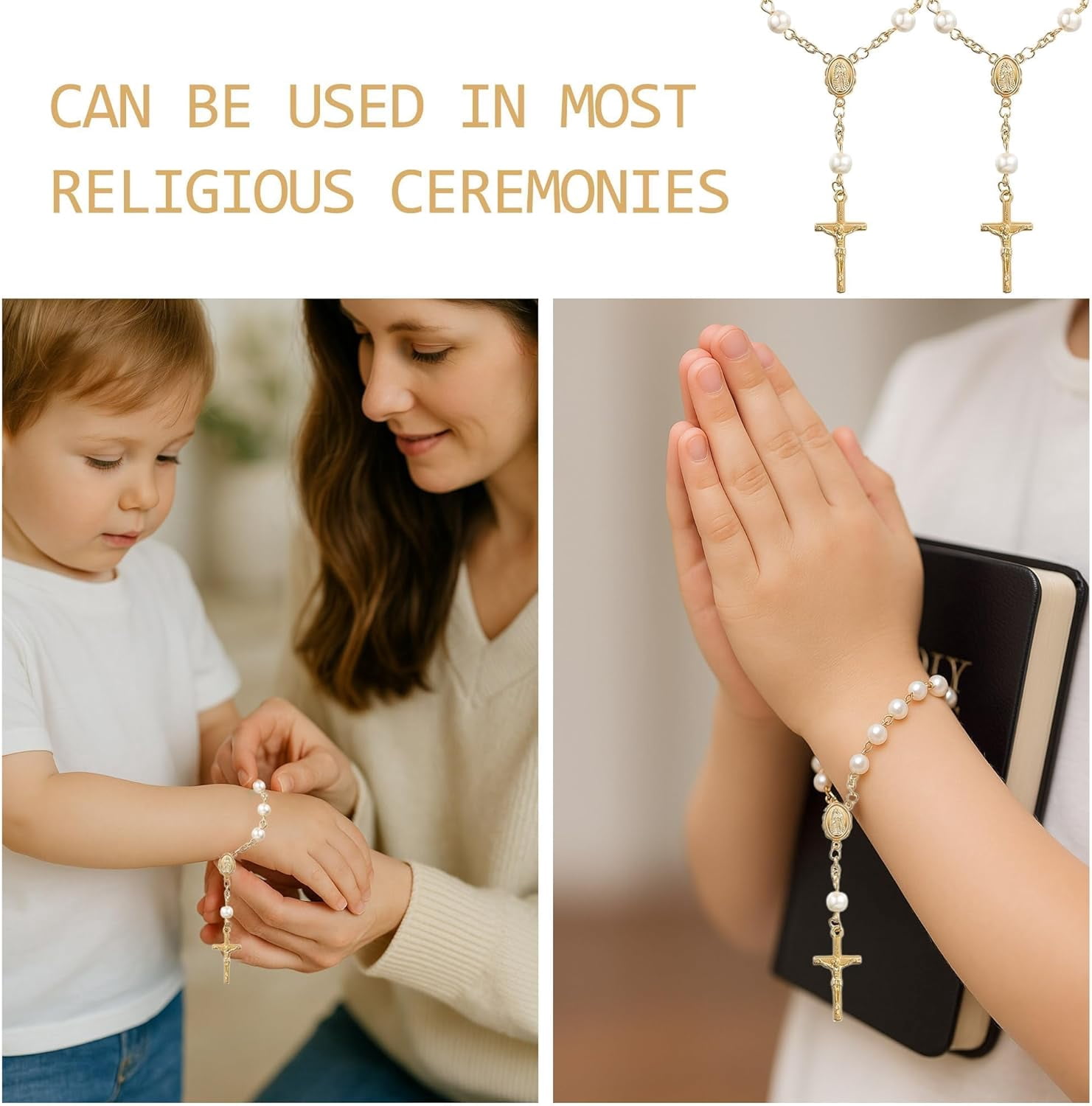 ABPETE Mini Rosary Baptism Favors,Gold Plated Ivory Acrylic Finger Rosary Beads with Faux Pearls for Christening, Communion & Wedding Party Gifts(30-Pack)