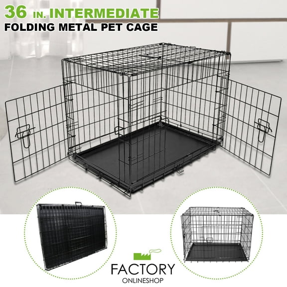 Geniqua Intermediate Black 36" 2-Dr Folding Pet Crate Cage Dog Cat Kennel Pen   ABS Tray