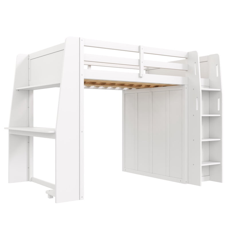 Full Size Wooden Loft Bed with Built-in Desk & Charging Station, Kids Storage Bed Frame with LED Light & Double Door Wardrobe