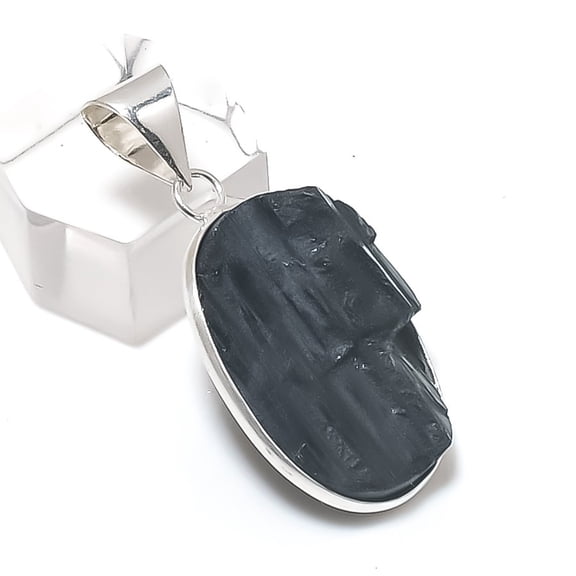 Natural Black Tourmaline Gemstone 925 Sterling Silver Jewelry Pendant 1.50"