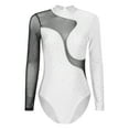 thumbnail image 3 of YONGHS Women's Rhinestone Ballet Dance Leotard Mesh Splice Long Sleeve Gymnastics Bodysuit Tops White M, 3 of 7
