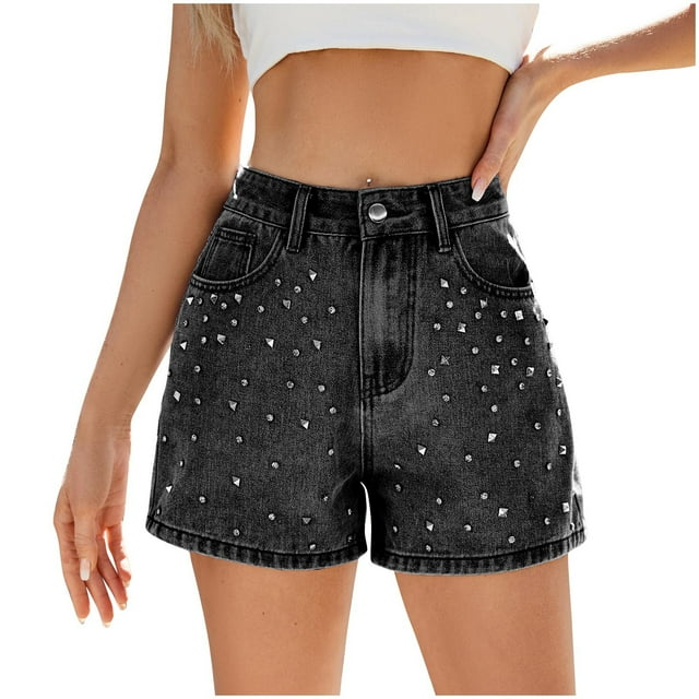 Chaqueta de Denim Ligera para las Mujeres de Verano Botón Doble Bolsillo Uñas Perlas Moda Pantalones Cortos Poliéster, Pantalones Casuales Estilo Denim para las Mujeres