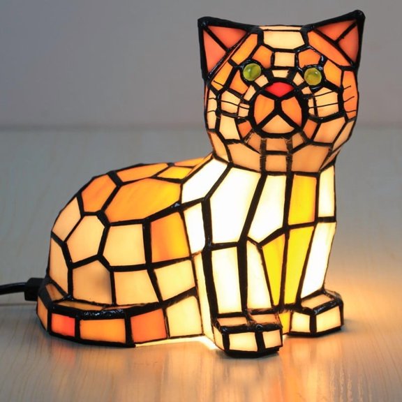 Diceymbol Stained Glass Cat Lamp, Handcrafted Design, Warm Glow Ambient Lighting Decor