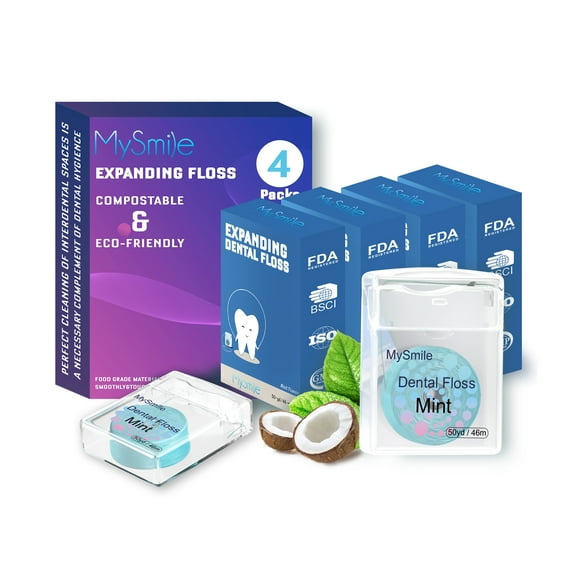 MySmile 4 Packs Dental Floss Threader Expanding Waxed Floss Picks Coconut Oil Infused Woven, 50yd, 46m, Mint Flavor flossers for Braces Bridge Implant