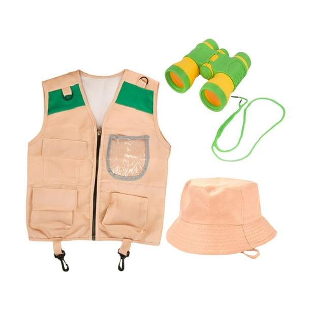 Kit de explorador para niños, chaleco de carga y binoculares de sombreros vestidos de equipo para acampar para niñas Cosplay de fiestas de Halloween Chaleco de bolsa transparente