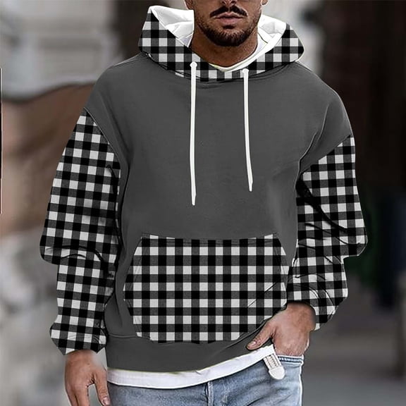 Mens Big & Tall Hoodies Fleece Lined Sweatshirts Plus Size M-4X Long Sleeve Pullover Plaid Printed Thermal Warm Hoodie Tops with Front Pocket