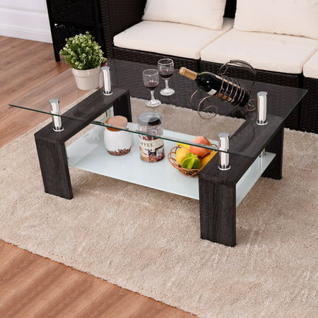 Wood Tempered Glass Top Coffee Table Rectangular w/ Shelf Home